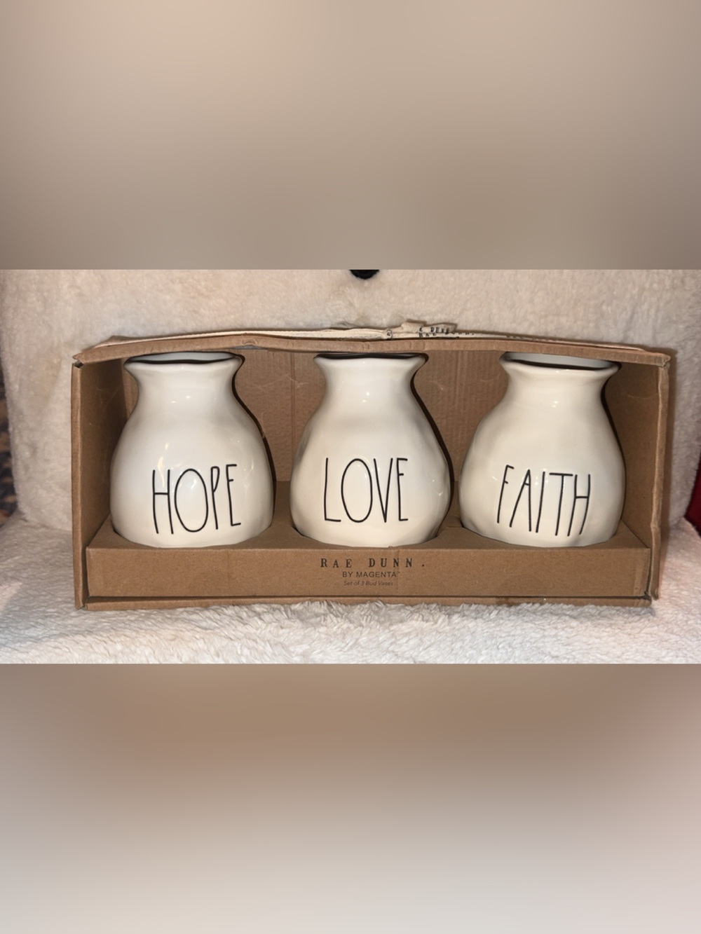 NWT Rae Dunn White 'Hope Love Faith' Ceramic Vases Set
